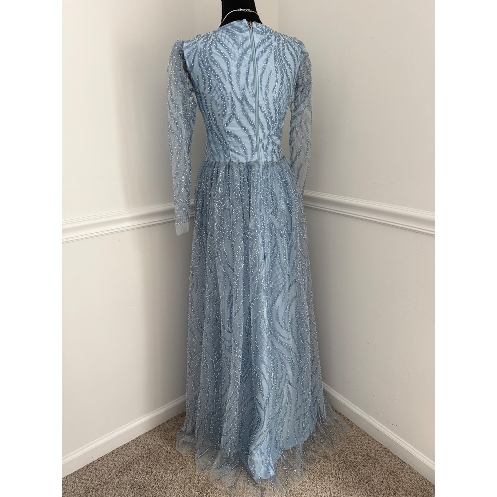 Whimsigoth Ice Blue beaded Formal Gown Fairycore Long Sleeve Mesh Dress XS/S - Picture 5 of 13